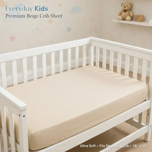 Image of Everyday Kids Fitted Crib Sheet, 100% Soft Breathable Microfiber Baby Sheet, Fits Standard Size Crib Mattress 28in x 52in, Beige Nursery Sheet