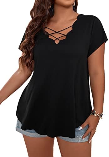 Cozyease Women’s Plus Size Criss Cross Short Sleeve Summer T Shirt Scallop Trim Casual Comfy Blouse Top