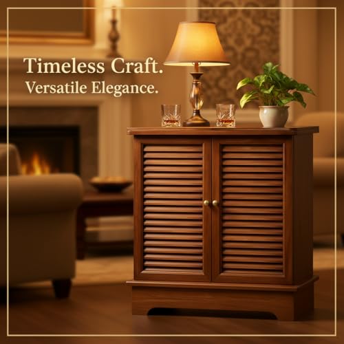 Image of APRODZ Mango Wood Downer Bar Cabinet with Wine Glass Storage for Living Room, Standard Brwon Finish