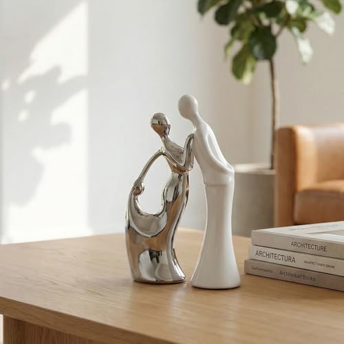 Estatuas de pareja de cerámica decorativas blancas y plateadas miniatura 4