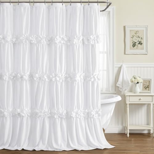 XOGUIBO White Ruffle Shower Curtain with Handmade Bow Tie Linen Vintage Farmhouse Shower Curtain for Bathroom 72 W x 72 H