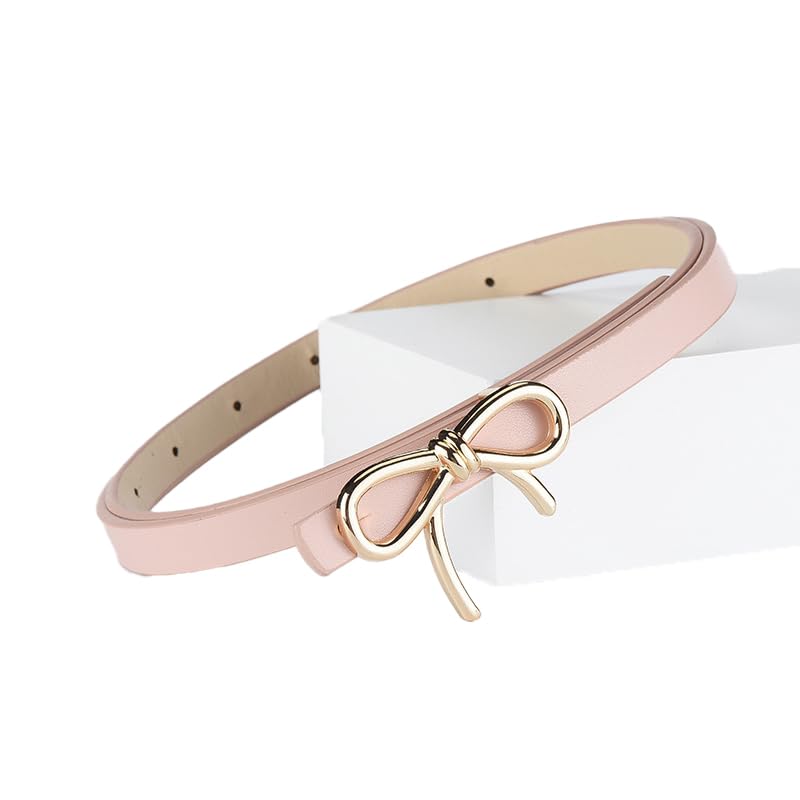 Women's Skinny Leather Belt with Gold Bow Knot Buckle for Dresses, Jeans, Pants