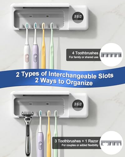 Image of UV Toothbrush Holder, Electric Toothbrush Holder Wall Mounted for 4 Slots, Smart Toothbrush Holder with Timer and Cover, Cordless Organizer for Bathroom, Toothbrush & Razor -White