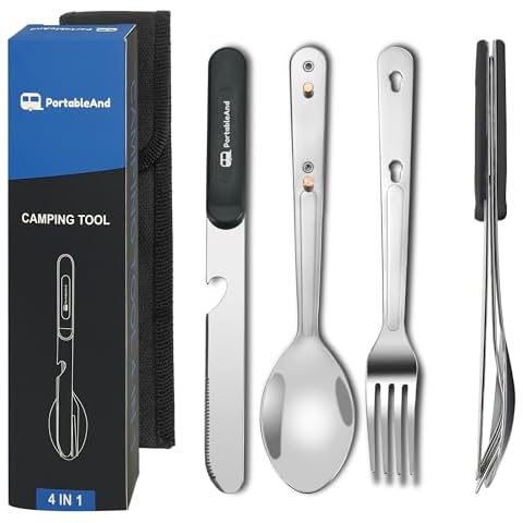 PortableAnd Travel Cutlery 3 PCS Camping Utensil Set with Spoon, Fork, Knife & Bottle Opener Best Gift for Travel, Outdoor Backpacking Flatware with Case (Gray) Cover