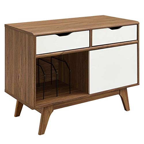 Modway Envision Mid-Century Modern 37" Vinyl Record Display Stand With Drawers, 37 Inch, Walnut White #TOP1