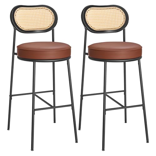 VASAGLE Juego de 2 Taburetes de Bar, Taburete Altos para Cocina, Desayuno de Cocina con Respaldo Curvado, Ratán PE Bohemio, 48,2 x 45,7 x 104,7 cm, Marrón Caramelo LBC097K01