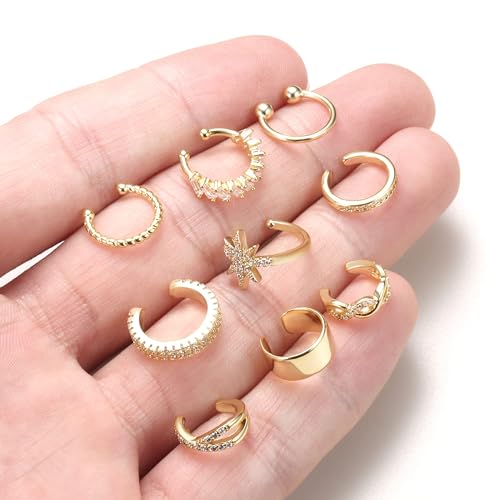 Dochais 9Pcs Ear Cuff 14K Gold Plated Cuff Earrings Gold Ear Cuffs Non Pierced Ear Clips Cartilage Earring Fake Earrings Silver