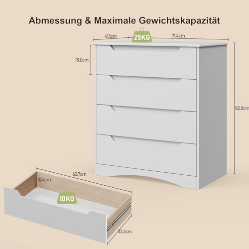 Bealife Kommode Weiß, Schlafzimmer Kommode mit 4 Geräumige Schubladen, Schrank mit Schubladen mit Ausgeschnittenen Griffen und Kippsicherung, Schubladenschrank Ideal für Wohnzimmer, Büro