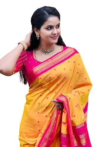 Image of Women's Kanjivaram Cotton Silk Saree South Indian Paithani Sari | gadwal cotton sarees with Zari Border and Blouse Piece - Suitable For All Indian Occasions and Festivals 191