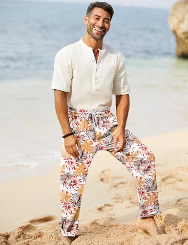 Image of iWoo Linen Pants Men Casual 2025 Summer Beach Elastic Drawstring Waist Yoga Pants Travel Baggy Work Pant Pajama