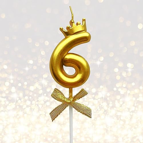 Image of 1 Pc 6 Number Candle for Birthday Cake Metallic Gold Number 6th Birthday Cake Decoration Six Candle with Crown on Top Cake Topper 0-9 Number Candles for Anniversary (Pack of 1, Gold)
