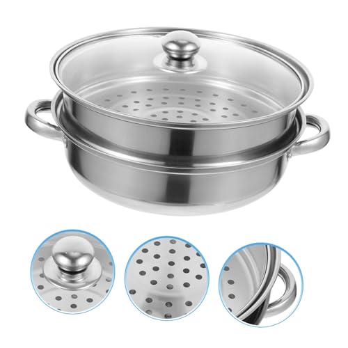 Kochtopf Dampfgarer Dampfgarer für Knödel Dampftöpfe für Meeresfrüchte Suppeneintopf Koreanischer Ramen-Nudeltopf Runde Haushaltsdampfer Edelstahl Metall (Light Gray, One Size)