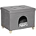 Pawhut Cueva para Gatos 2 en 1 Taburete Reposapiés con Tapa Extraíble Orificio de Entrada Cojín Lavable y Patas Elevadas de Madera para Interior 60x45x44,5 cm Gris