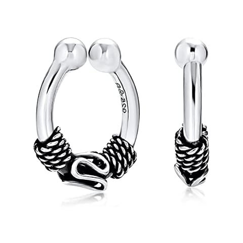 Bling Jewelry Unisex Bali Style Tribal Swirl Tiny Round Ear Lobe Cartilage Faux Fake Nose Septum Hoop Ring Earrings Oxidized .925 Sterling Silver Hoop Rings Non Piercing Cover
