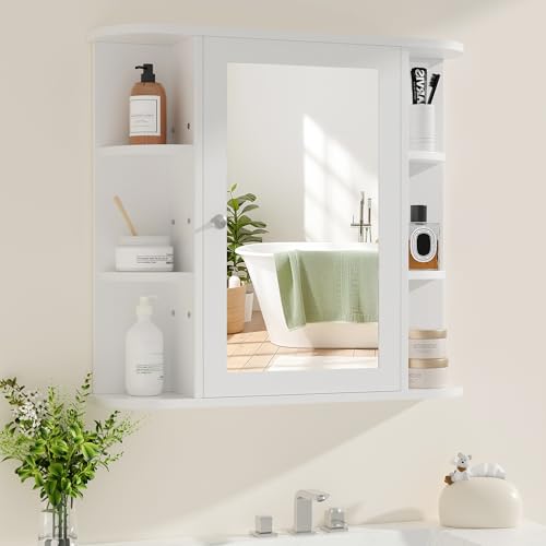 Shintenchi Bathroom Wall Cabinet with Mirror, Mounted Medicine Cabinets with 4 Internal and 6 Open Shelves, Mirrored Door Over The Toilet Storage, White by Shintenchi - Image 5