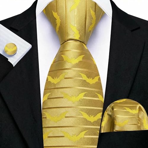 Image of Barry.Wang Man Tie Sets Batman Extra Long Necktie Silk Woven Handkerchief Cufflinks Festival Party Gift Gold