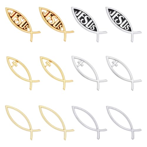 SUPERFINDINGS 12 Stück 2 Farben Kleiner Jesus Fisch Auto Emblem Gold Acryl Kreuz Fisch Aufkleber Aufkleber Platium Wasserdicht Liebe Frieden Autoaufkleber 16x50x6mm