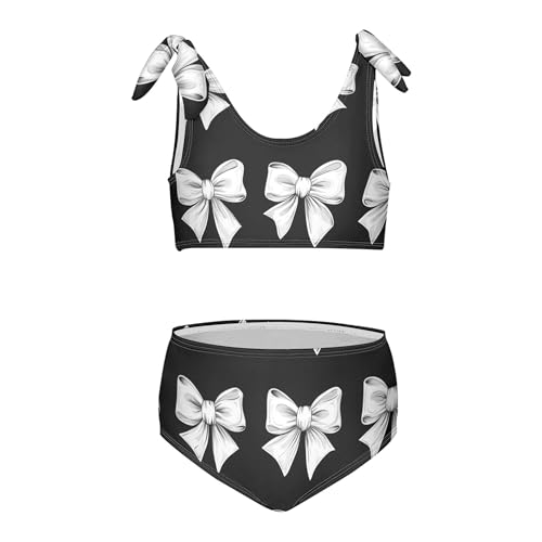 White Bow Ribbon Pattern Girls Bikini Sets 2 Piece Swimsuits Bathing Suit Swimwear