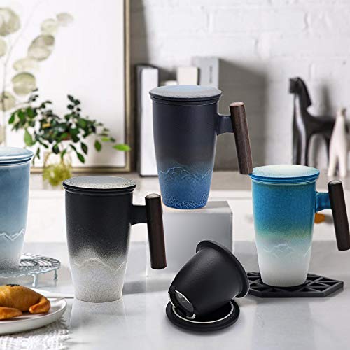 Tomotime Ceramic Tea Cup with Infuser and Lid Tea Mugs Wooden Handle 400ml/13.4oz Black
