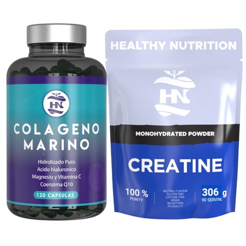 Pack Colageno Marino Hidrolizado 744mg-120 Capsulas y Creatina Monohidrato en Polvo si sabor 306g (90 Dosis)