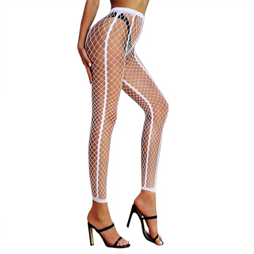 LUCKELF Women's Stripe Fishnet Tights Sexy Footless Stockings High Waist Fishnets Plus Size Pantyhose