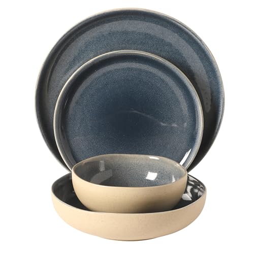 Image of Gibson Elite Manila Bay 16-Piece Stoneware Dinnerware Set, Service for 4, Reactive Glaze Modern Artisan Plates, Bowls & Mugs, Assorted Colors, Round Design