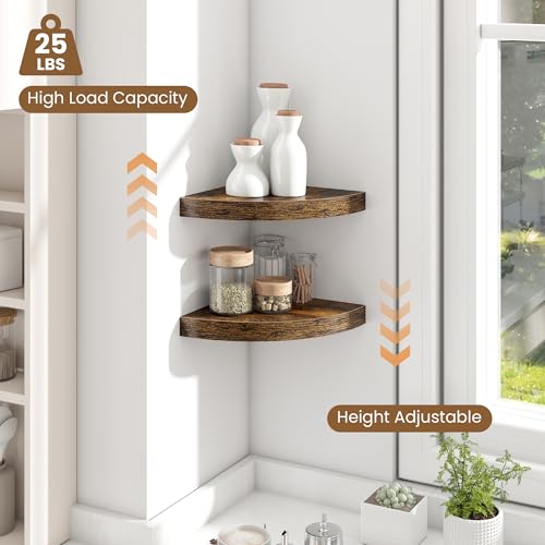Image of Fun Memories Floating Corner Shelves Set of 2 - Rustic Wood Wall Mounted Storage and Display Shelves for Living Room, Bedroom, Kitchen, Bathroom - Space Saving Home Decor, Brown