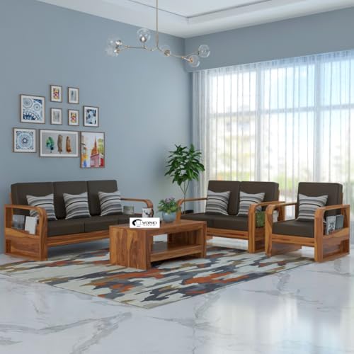 Image of Solid Sheesham Wooden 6 Seater Sofa Set for Living Room | Sofa Set with Side Pocket Storage & Cushion | Rosewood Sofa Set for Home (Honey with Brown Cushion, 6 Seater)