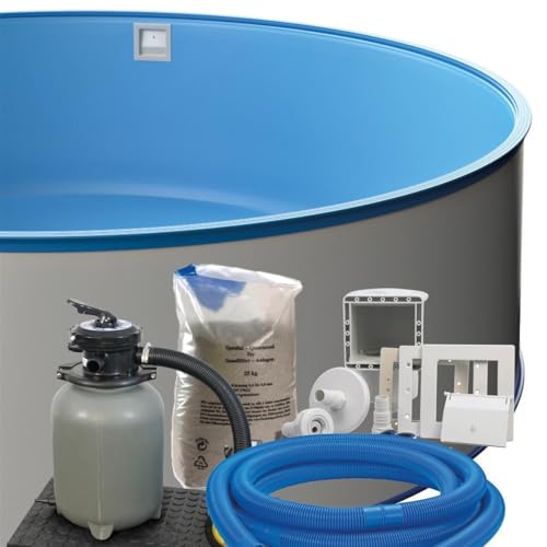 Stahlwand Rundpool-Set Ø 3,50 m x 1,20 m, Pool Made in Europe, Blaue UV-beständige Innenhülle 0,6 mm, SF128 Sandfilteranlage mit 4 m³/h, Einbauskimmer, Filtersand, Poolschlauch Stahlwand Rundpool-Set Ø 3,50 m x 1,20 m, Pool Made in Europe, Blaue UV-beständige Innenhülle 0,6 mm, SF128 Sandfilteranlage mit 4 m³/h, Einbauskimmer, Filtersand, Poolschlauch