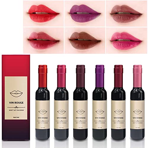 PASNOWFU 6 Colors Wine Lipstick, Non-Stick Cup Wine Bottle Lip stains Liquid Lipstick set, Wine Lip Tint Kit, Matte Long-Lasting Waterproof Lip Gloss for Girls & Women #1