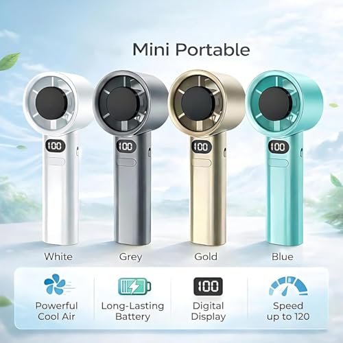Image of Portable Handheld Fan 120 Speed Stepless Adjustable Mini Turbo Fan, Rechargeable 1800mAh Battery, LED Digital Display, Type-C Fast Charging Desk Fan for Travel & Office (Multi-Color)