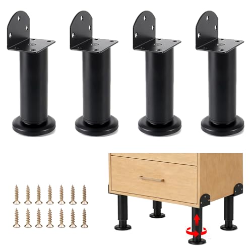 XIINGYAAN Pieds de Meuble Réglables en Métal Noir, Forme en L, Fixation Latérale et sous Le Meuble, Hauteur Réglable 12–18 cm, pour Armoire, Placard de...