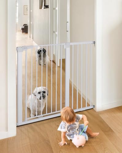 COMOMY Puerta de Perros 91,5cm Extra Alto, 75 117cm Ancho Grande Puerta Seguridad Bebe de Cierre Automático, Duradera Barrera Seguridad Niños para Escalera, Montadas a Presión, Blanco
