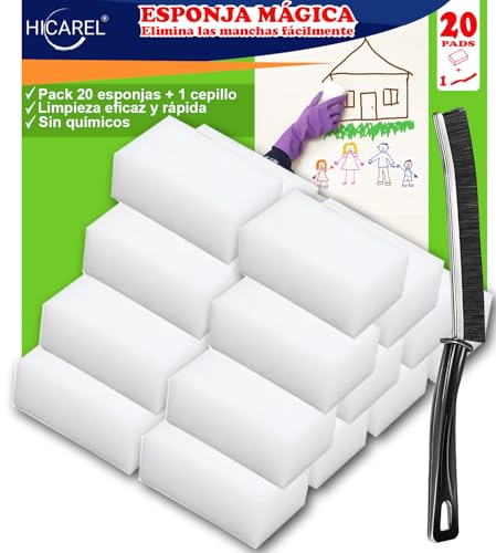 HICAREL® Esponja Magica, Borrador Mágico Pack de 20 + Cepillo de Juntas | Esponjas de Limpieza Multiusos para Paredes, Zapatos, Cocina, Baño y Coche | Elimina Manchas Solo con Agua, Sin Químicos