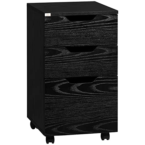 HOMCOM File Cabinet with 3 Drawers, Under Desk Moible Filling Storage Cabinet with Wheels for Home Office, Black