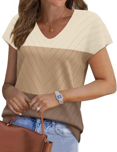 Image of WIHOLL Short Sleeve Sweater for Women V Neck Trendy Summer Tops 2026 Beach Vacation Clothes Travel Business Casual Outfits