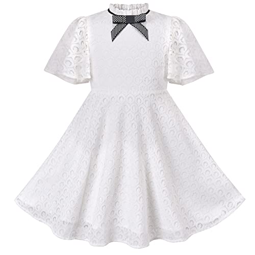 Sunny Fashion Girls Dress Vintage White Lace Stand Collar Ribbon Bow Tie