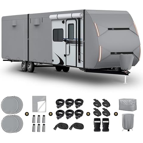 OVCRNIBI Upgrade 7 Layers RV Cover 16'-18' FT,Heavy Duty Travel Trailer RV Cover,Waterproof and Snowproof Camper Covers with 6+2 Windproof Straps&4 Tire Covers Abundant Kit -Gray Cover