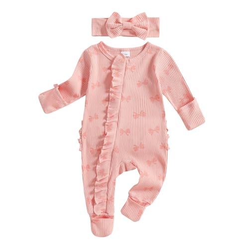 Image of citgeett Baby Girl Newborn Clothes Fall Winter Hospital Coming Home Outfit Bow Long Sleeve Romper Zipper Onesie Jumpsuit