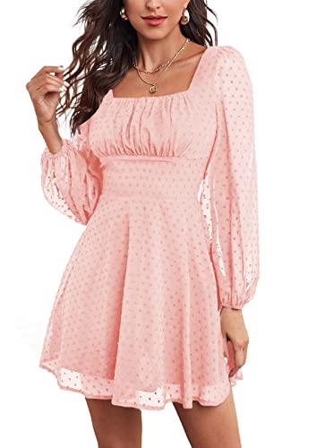 Image of LYANER Women's Polka Dots Square Neck A line Long Sleeve Swiss Dots Mini Dress