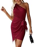 FCSONU Damen Sommer One Shoulder Sexy Bodycon Kleider Gerafft Irregulär Saum Mini Party Cocktailkleid Gürtel Kleid, Weinrot, S