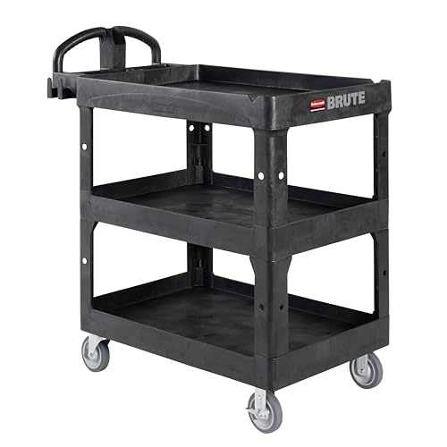 Image of Rubbermaid Commercial Brute 3-Shelf Heavy-Duty Utility/Service Cart, Medium, High Storage, Lipped Shelves, Ergonomic Handle, 600 lb. Capacity, Ideal for Warehouse/Garage/Cleaning/Maintenance/Office