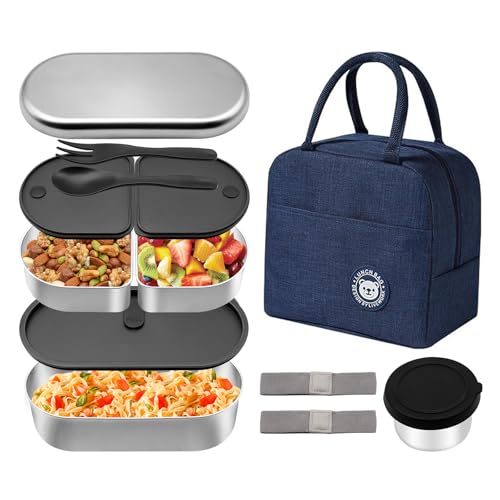 Luriseminger Stainless Steel Bento Lunch Box for Adult, Leak Proof 304 Metal Lunchbox Food Containers with Condiment Container,Fork and Spoon,Insulation Bag,for Work, Travel