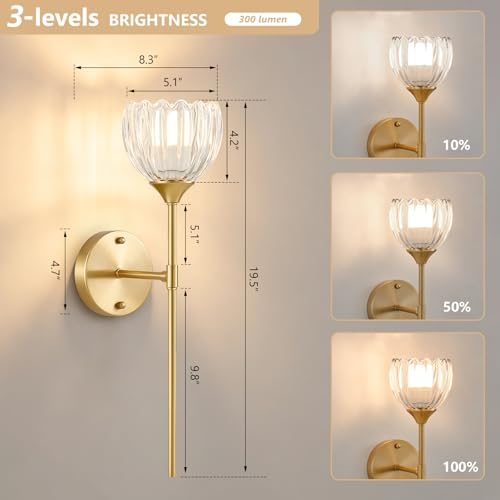 Image of Vintage Battery Operated Wall Sconce Set of 2, Clear Tulip Glass Lampshade Wireless 5300 mAh Rechargeable Battery Powered LED Wall Light with Remote Dimmable for Bedroom Bathroom Living Room