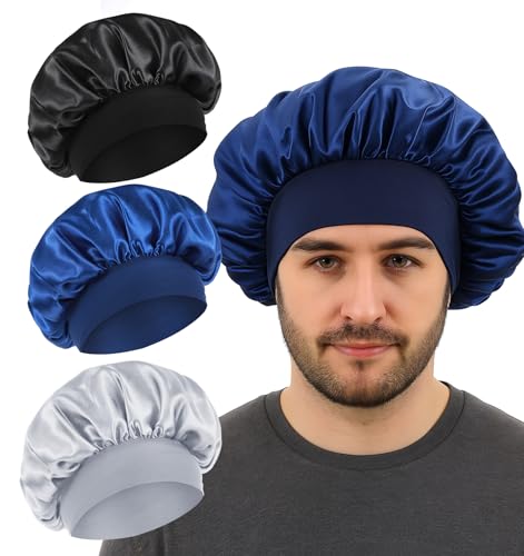ValueBargain 3Pcs Silk Bonnet Men Bonnets for Men Double Layer Satin Sleep Cap with Soft Elastic Band for Curly Hair & Braids Reversible Design