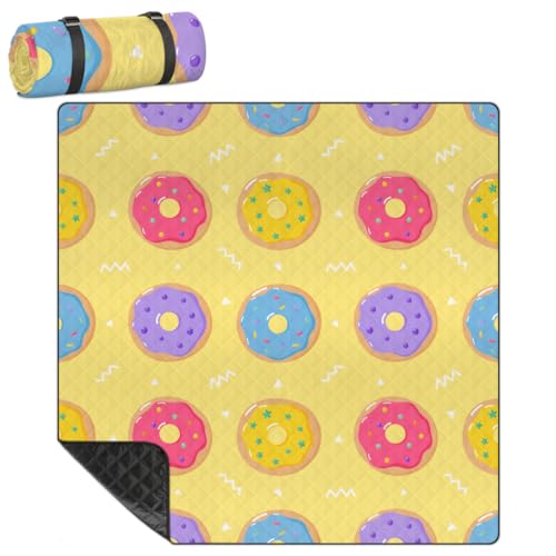 Shimoshe Extra Large Picnic Blankets 79”x 79”, Yellow Background Donut Waterproof Foldable Picnic Mat with Straps Portable Beach Blanket for Camping Park Grass Beach Indoor