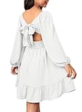 blibean Girls Long Sleeve Tie Back Dress Teen Winter Boho Wedding Guest Dresses Tween Holiday Formal Outfit Kids Dance Mommy Daughter Prom Homecoming Size 14 15 16 Years Old White