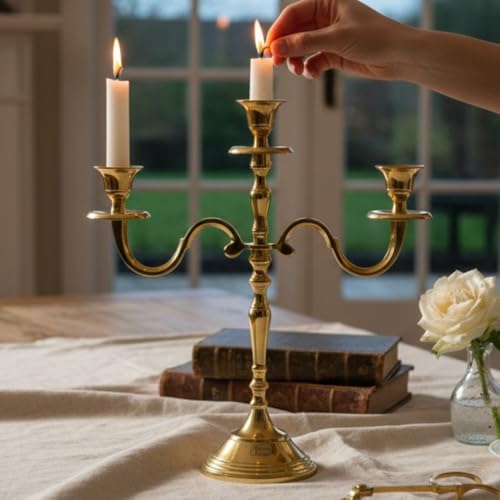 Image of 3 Arm Aluminum Candelabra Gold 16 Inch | Decorative Candelstick Holders for Home Decor, Wedding Parties Decoration & Centerpiece for Dining Table