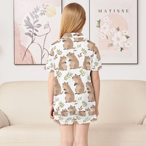 ALAZA Cute Capybara Leaf Animal Pajamas Satin Pajama Set Short Sleeve Button Down Sleepwear4
