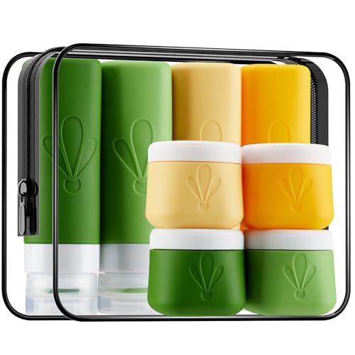 INSFIT travel bottles for toiletries 8 Pack Leak proof Travel Size Toiletries Containers with toiletry bag Squeezable Silicone Bottles & Cream Jars Travel Essentials BPA-Free kit for Shampoo